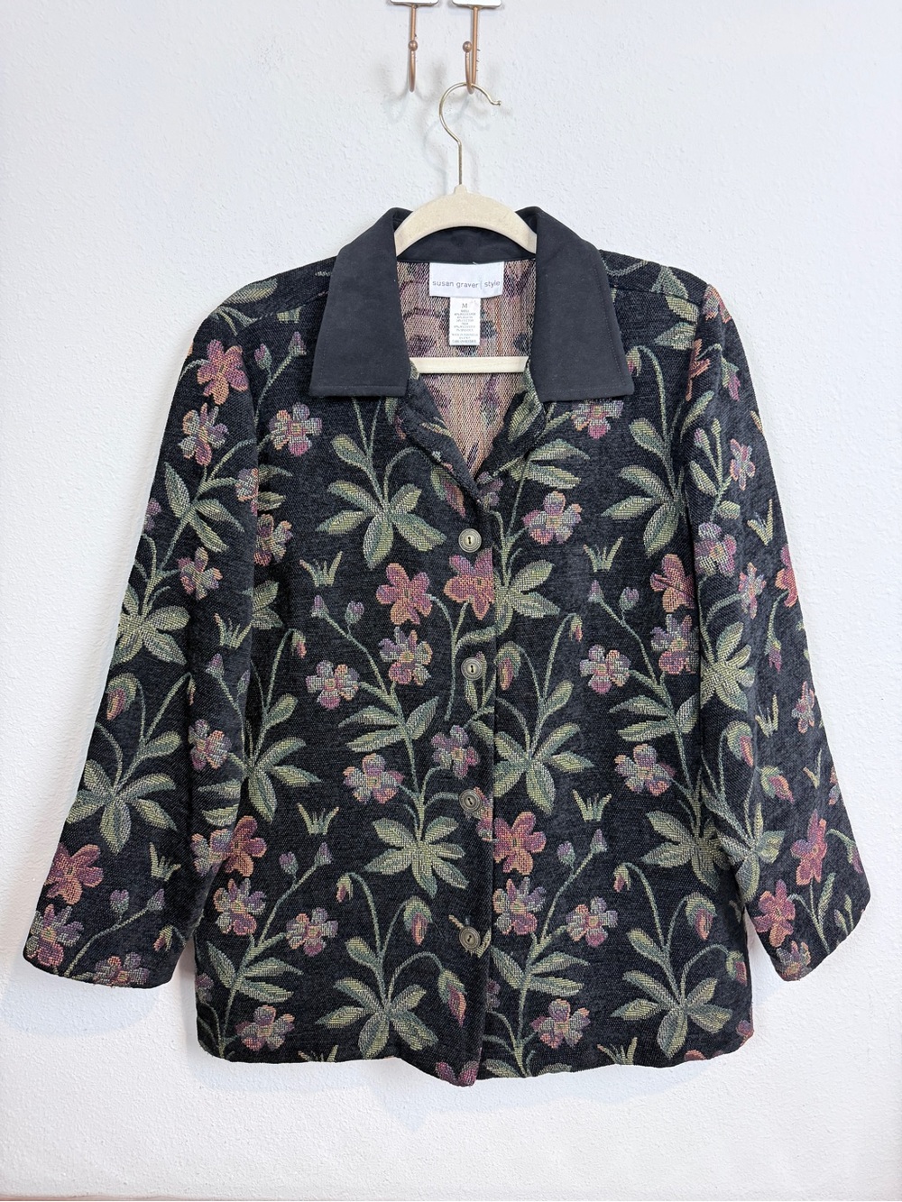 Susan Graver Black Floral Chenille Tapestry Button-Front Jacket M